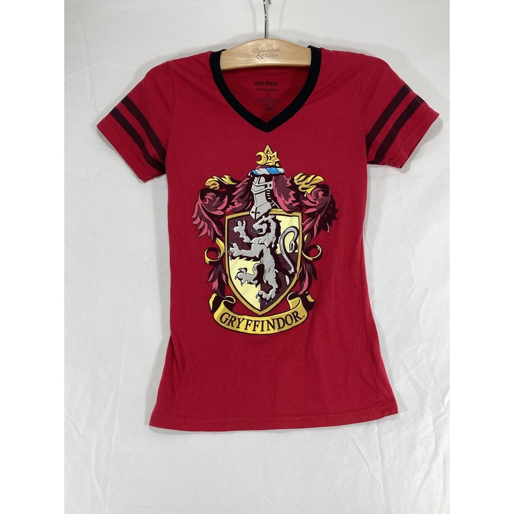 Harry Potter T-Shirt Top Women Sz Small Gryffindor Cap Sleeve V-Neck Blouse RED